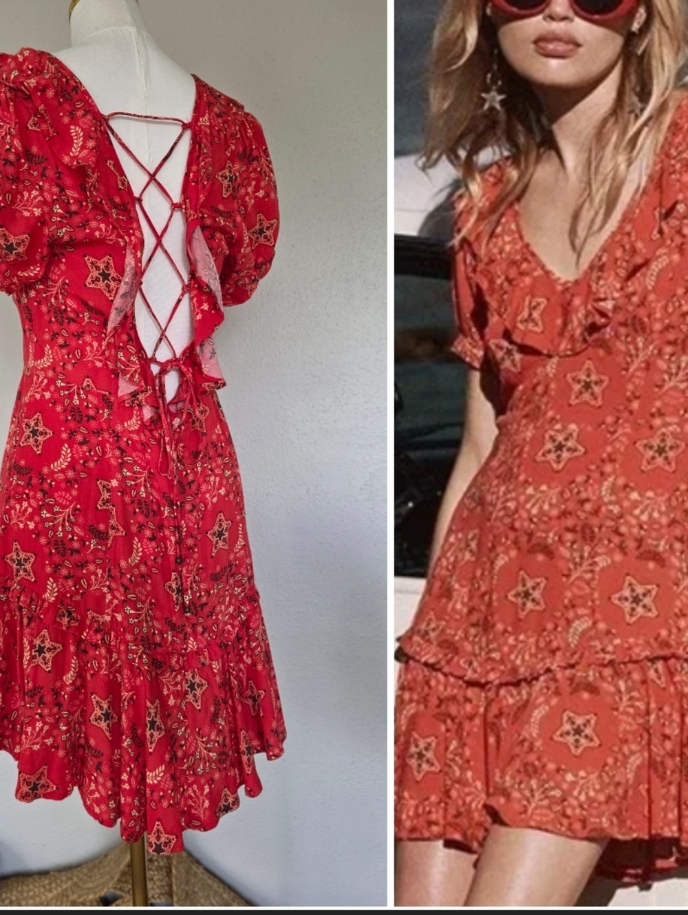 Boho Red Lace Up Back Mini Dress Ruffle Festival Spell Cowgirl Print L